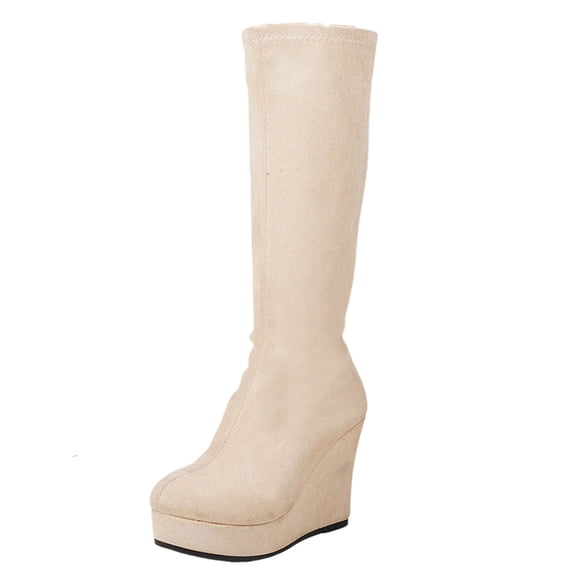 CYMMPU Women's Platform Wedge Knee High Boots, Round Toe Stretch Suede Tall Fashion Boots Beige 41