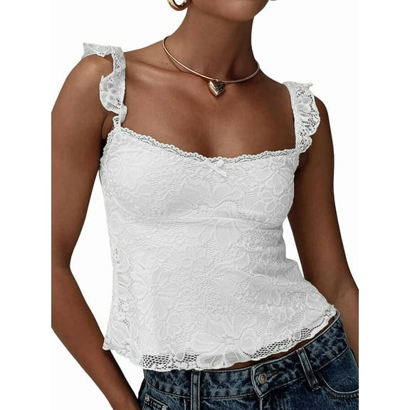 Women Lace Babydoll Tank Top Cap Sleeve See Throught Y2k Summer Going Out Crop Tops White L