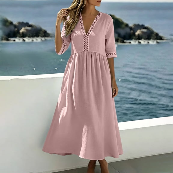 Karymi Lace Trim Midi Dress, V-Neck 3/4 Sleeve A-Line Casual Flowy Dress, Solid Color Summer Boho Beach Dress Wedding Guest Dresses for Women