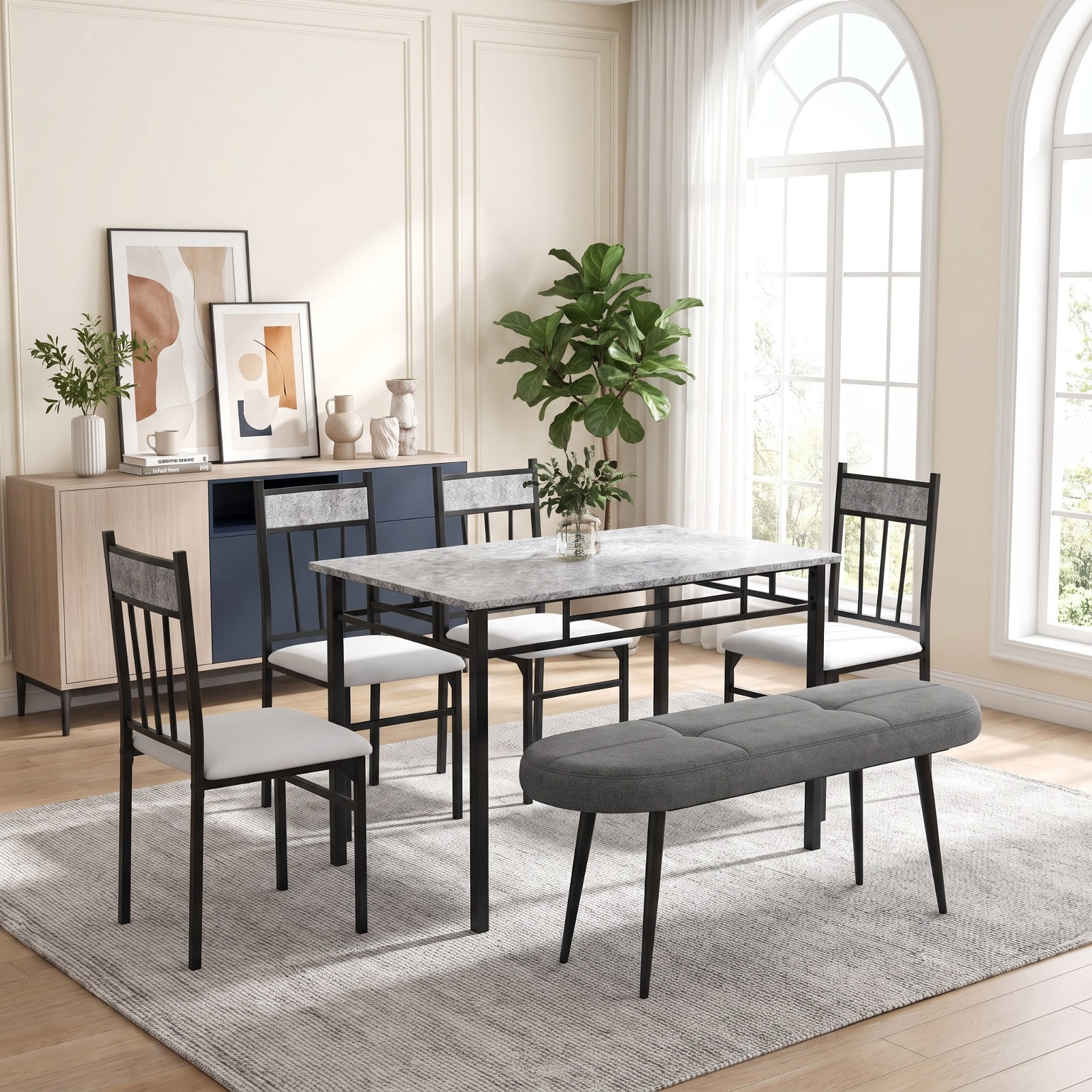 Furnibear 47 Inch Upholstered Entryway Bench with Button Tufted Cushioned Seat and Heavy Duty Metal Frame for Bedroom Foyer Dining Room, Gray