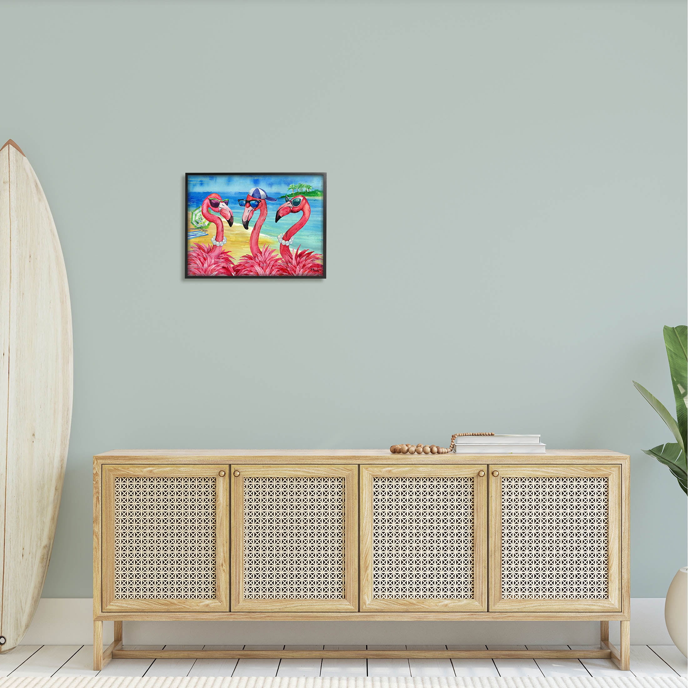 Stupell Industries Flamingo Friends Tropical Island Coast Graphic Art Black Framed Art Print Wall Art, Design by Paul Brent