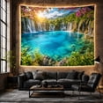 thumbnail image 6 of Turquoise Alpine Lake Below Cascading Falls, Serene Rustic Style for Nature Lovers, Mountain Wall Decor Housewarming Gift, Tapestry Wall Hanging for Bedroom and Cabin, 6 of 7