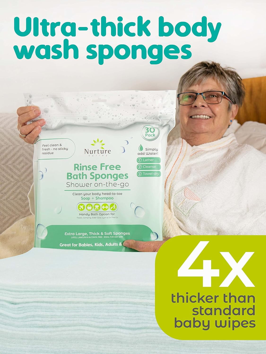 Nurture Sponge Bath Wipes, Large Disposable Wash Cloths for Adults, Seniors, & Bedridden, No Rinse Camping Travel Essentials, 90 Count