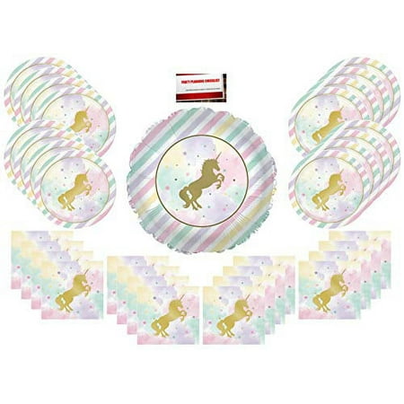 Unicorn Pink Rainbow Metallic Gold Sparkle Party Supplies Bundle Pack for 16 (Bonus 17 inch Balloon Plus Party Planning Checklist by Mikes Super Store)
