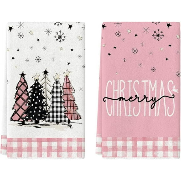 Pink Buffalo Plaid Xmas Tree Merry Christmas Kitchen Towels Dish Towels, 18x26 Inch Winter Snowflakes Decoration Hand Towels Set of 2