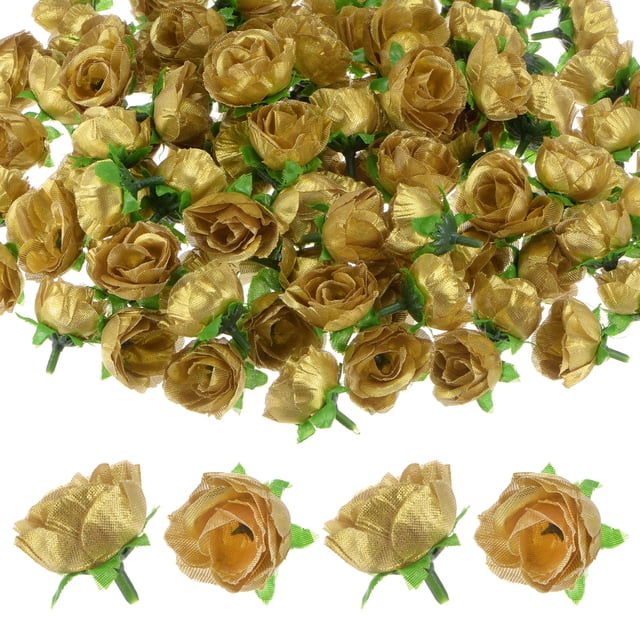 Uxcell 50 Paquete de Cabezas de Rosas Artificiales 1.2'' Pequeña Cabeza de Rosa de Seda Falsa para Decoraciones de Ramo de Boda Fiesta Tono Dorado