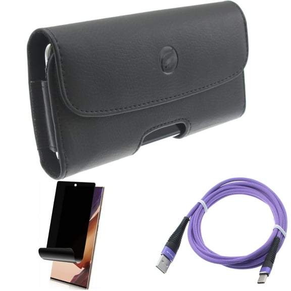 6ft USB Cable & Privacy Screen Protector & Case Belt Clip for Samsung Galaxy Note 20 Ultra (6.9") - Combo with Purple Type-C & TPU Film Anti-Peep & Leather Holster