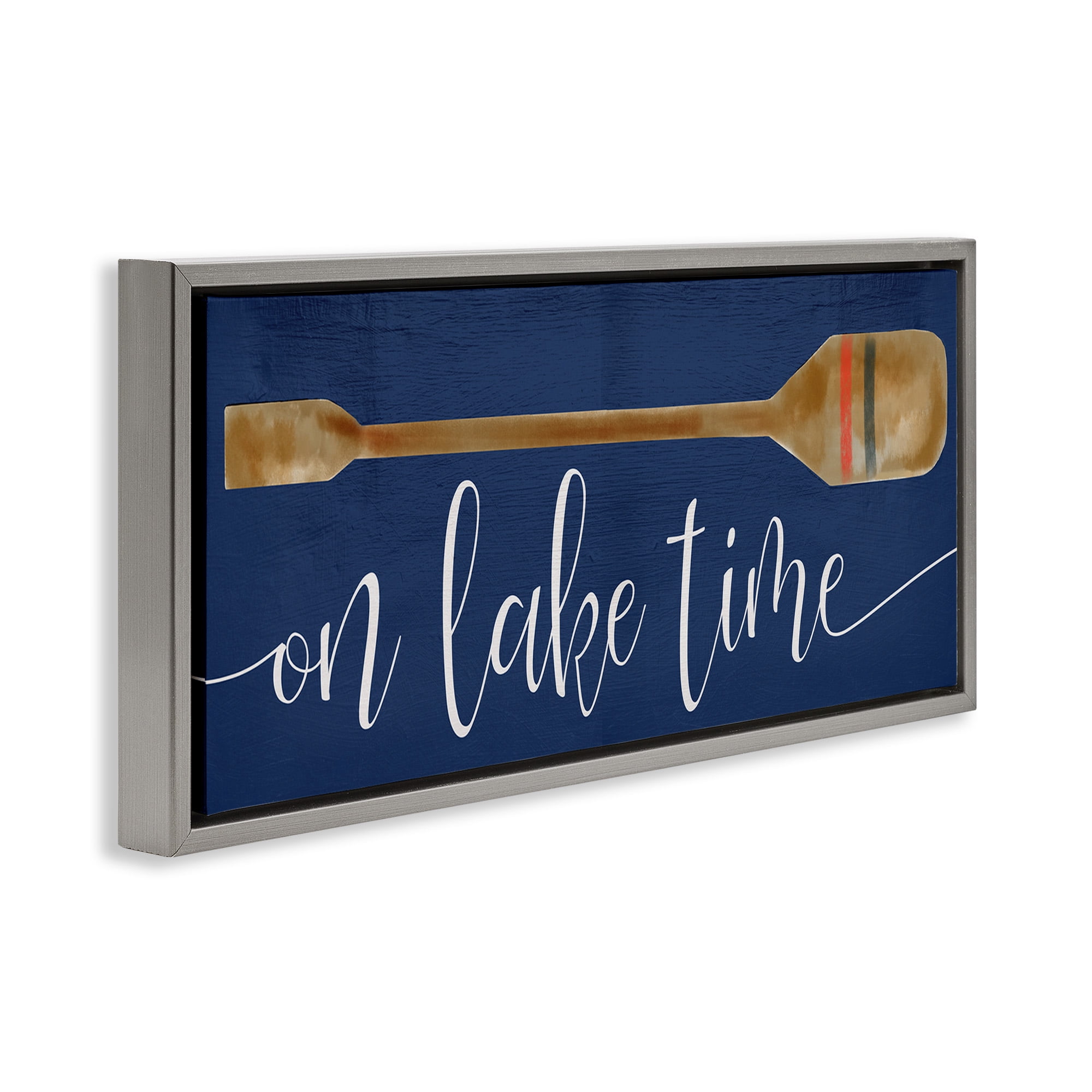 Stupell Industries On Lake Time with Oar Typography Painting Gray Floater Framed Canvas Art Print Wall Art, 25 x 11