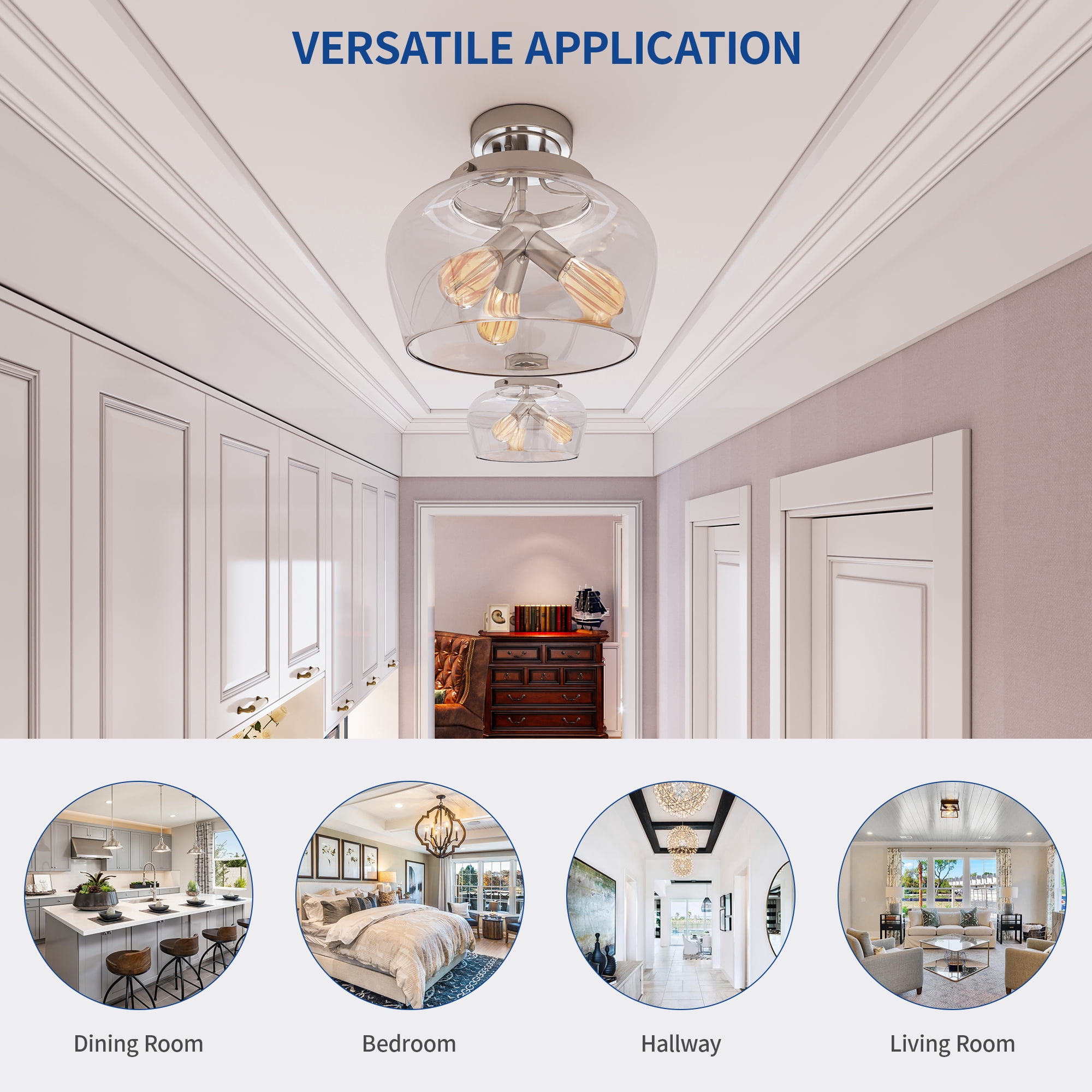 Uforic Semi Flush Mount Ceiling Light, Farmhouse Ceiling light with Clear Glass Shade, Modern Ceiling Light for Closet Dining Room Kitchen Hallway, Silver