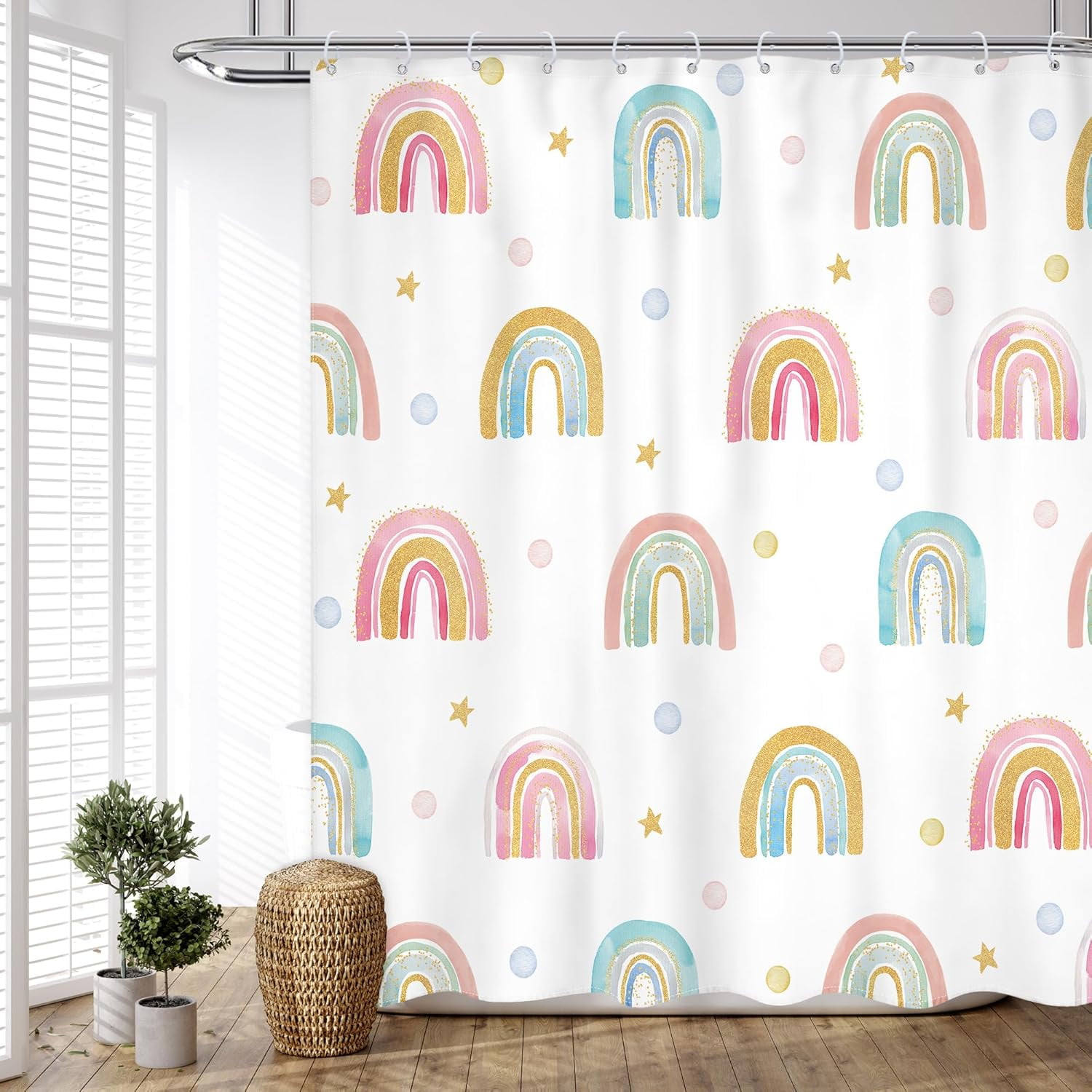 Boho Rainbow Shower Curtain 72Wx72L Inch Kids Girls Pink Cartoon Cute Watercolor Polka Dot Lovely Children Shower Curtain Bathroom Set Girl Toddler Bath Curtain Bathtub Accessories Home Decor