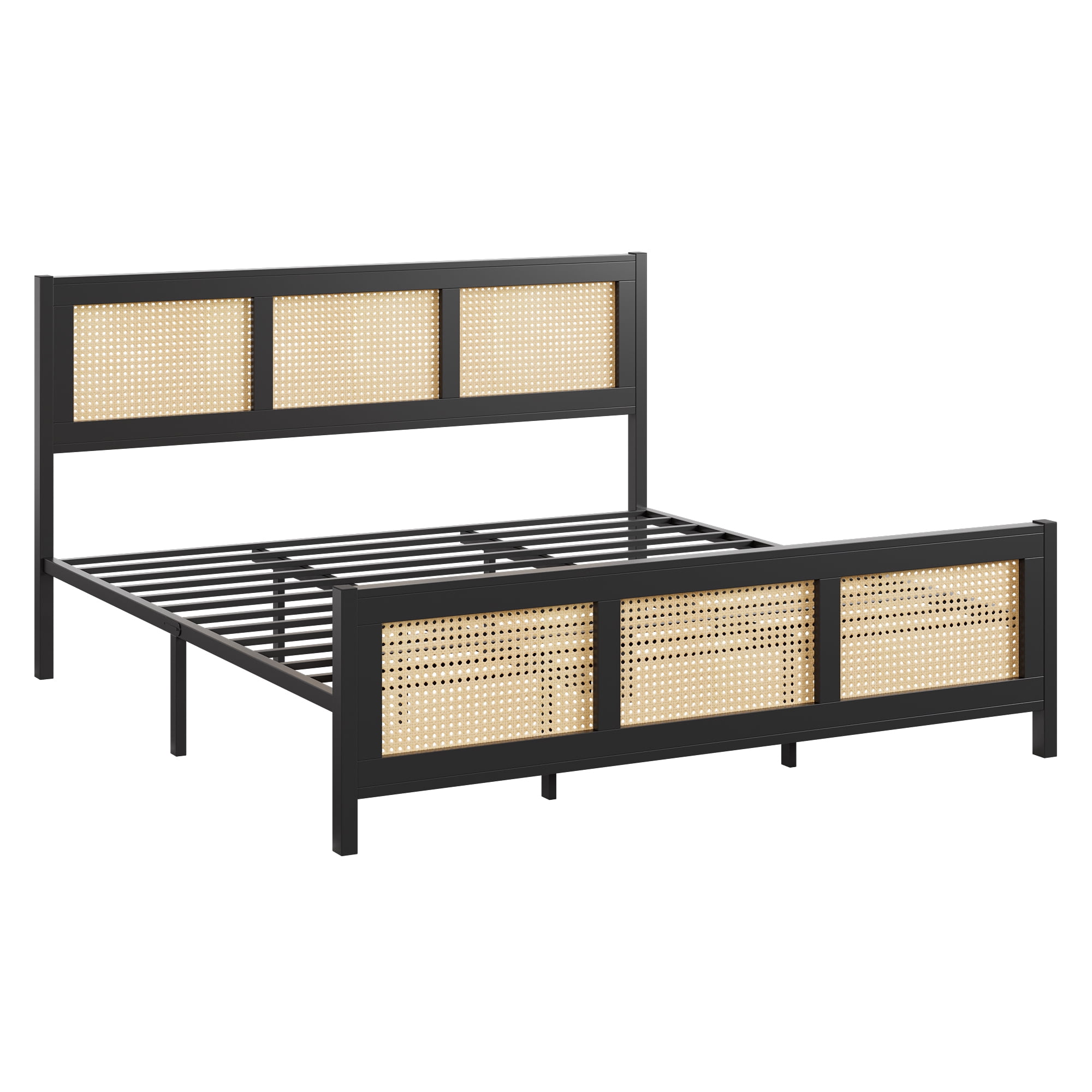 King Size Rattan Bed Frame, Boho Cane Platform Bed Frame, Modern Style with Headboard & Strong Metal Slat, No Box Spring Needed for Bed Room, Black