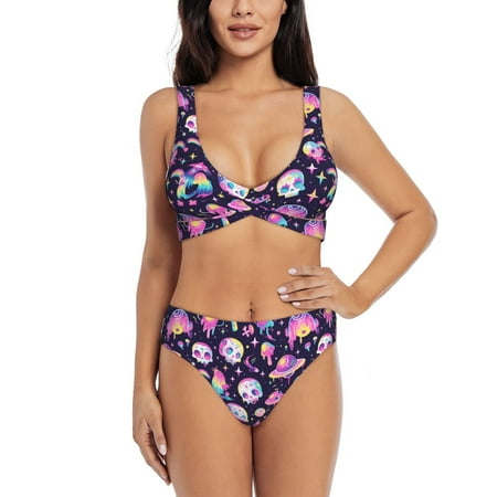 Zeuib Skull mushroom space High Waisted Tummy Control Bikini Set - Knot Front Push Up Top & Cheeky Thong Bottom  Two-Piece Swimsuit for Women-XX-Large