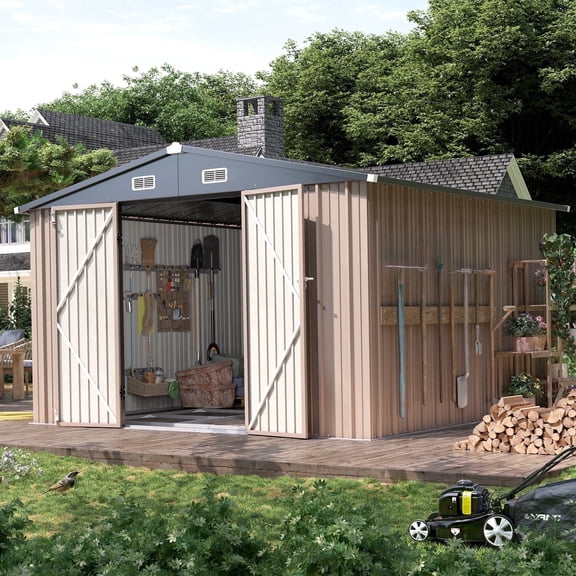 Clouddwell 10x12 ft. Outdoor Storage Shed with Base, Brown Metal Garden Shed with Double Lockable Doors for Backyard, Patio