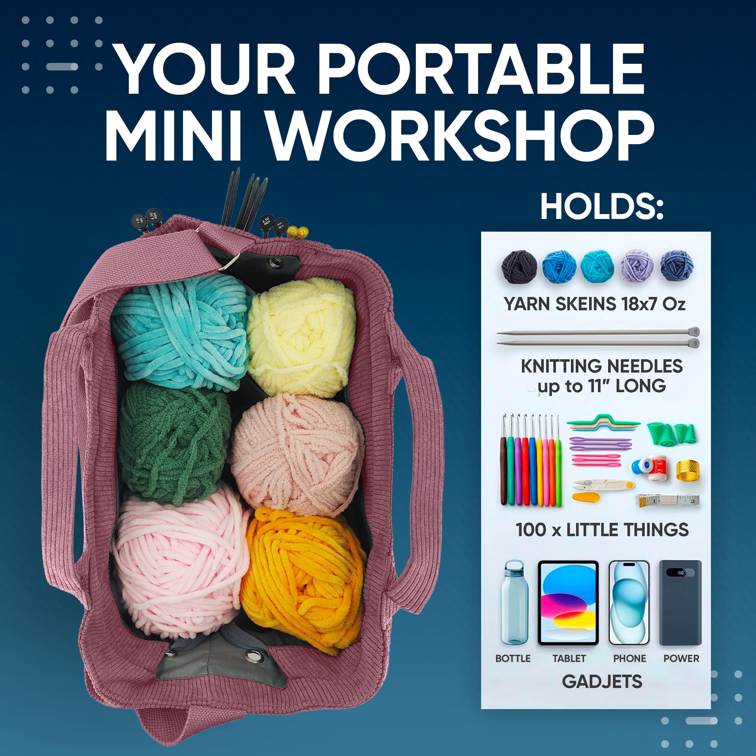 CRAFTISS Crochet Bag Yarn Storage - Perfect Gift - Durable Corduroy Yarn Bag for Crochet Accessories - Organizer with Knitting Accessories Case