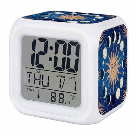 Alarm Clocks Celestial Sun and Moon Digital Clock 7 Color LED Night Light Silent Non-Ticking Battery Operated Blue Starry Galaxy Boho Cube Clocks for Bedroom Bedside Living Room Office School