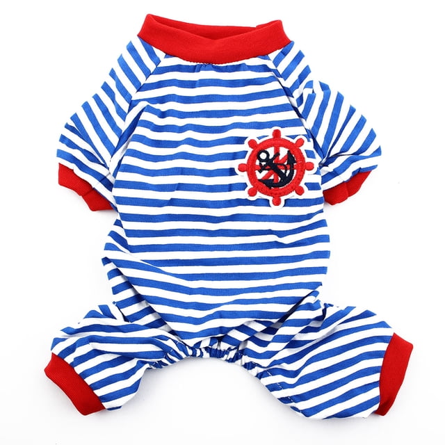 Pet Dog Puppy Anchor Rudder Embroidery Pattern Stripe Clothes Pajamas Jumpsuit Sleepwear Size M