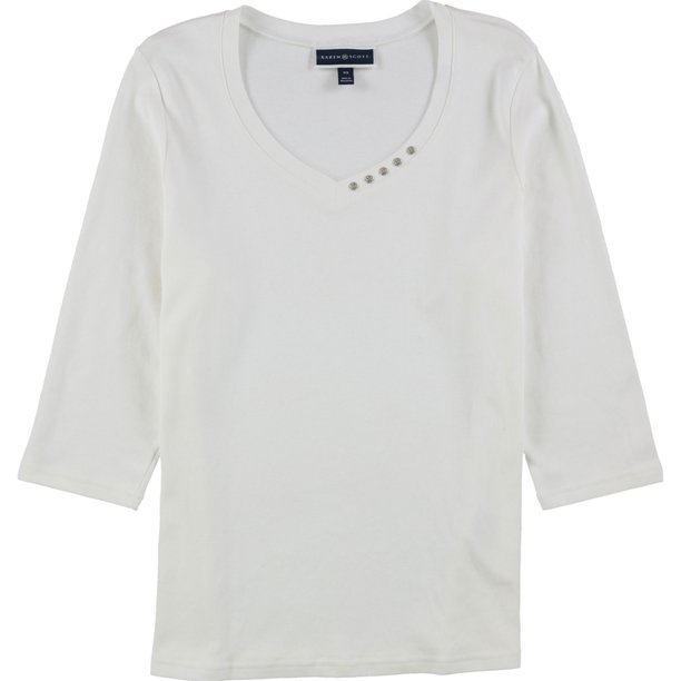 Karen Scott Blusa de jersey con ribete de botones para mujer, blanco, 2X