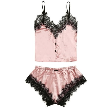 

REORIAFEE Womens Pajama Sets Lingerie Sleepwear Cami Shorts Set V Neck Pj Lace Nightwear Sexy Lingerie Satin Babydoll Underwear Camis Panties Underpants Shorts Sleepwear Briefs Suit S
