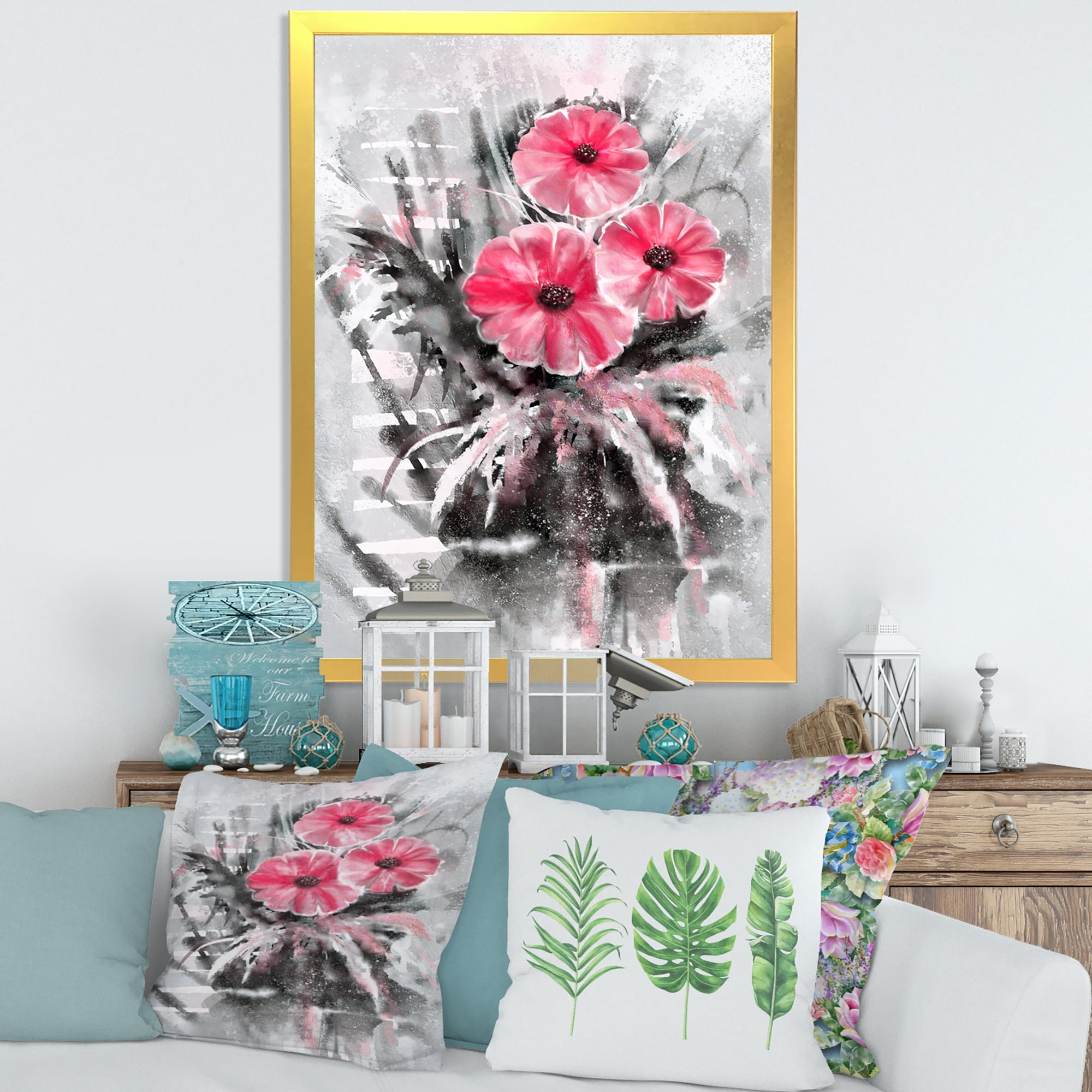 Designart 'Abstract Red Flowers On Gray Background' Traditional Framed Art Print