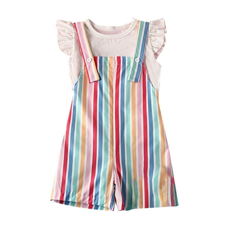 

Toddler Girls Summer Clothes T Shirt Suspenders Set Solid Color Top Rainbow Striped Suspenders Suitable For 2 To 6 Years Old Girls Summer Clothes Kids Clothing Set