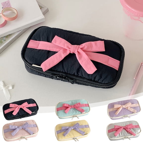 Hyknon Large Storage Pencil Case Pen Bag, Candy Colored Style Pencil Purse with Bowknot, Portable Stationery Storage Bag with Zippe, Lightweight Soft Organize Pouch for Office College, Pink