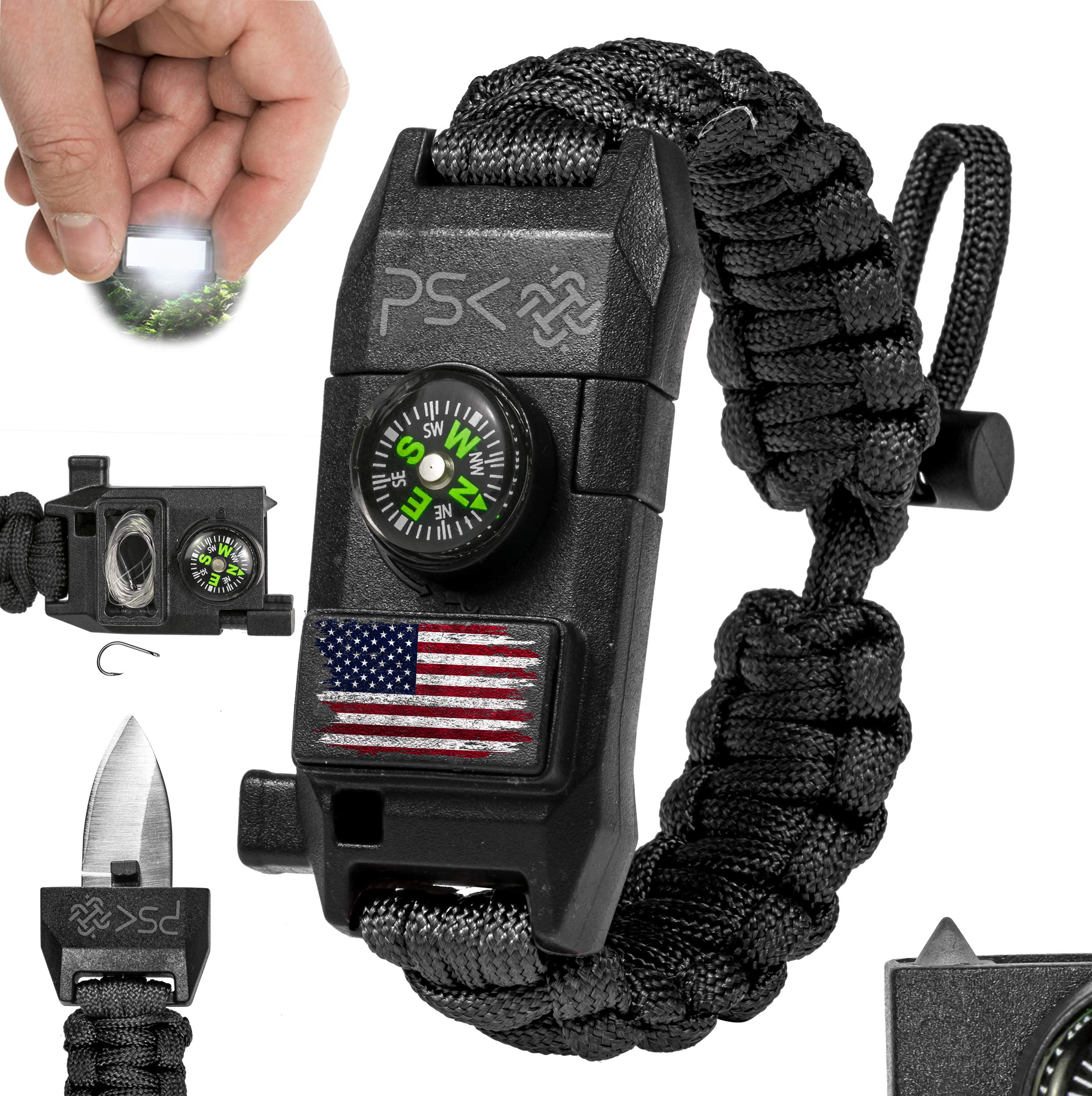 Survival Paracord Bracelet Gear SOS LED Light Compass Fire Starter Whistle Kit