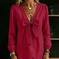 thumbnail image 5 of Womens Bow Tie Cotton Linen Babydoll Tops Fall Long Sleeve Lightweight Casual Trendy French Style Blouse Red L, 5 of 6