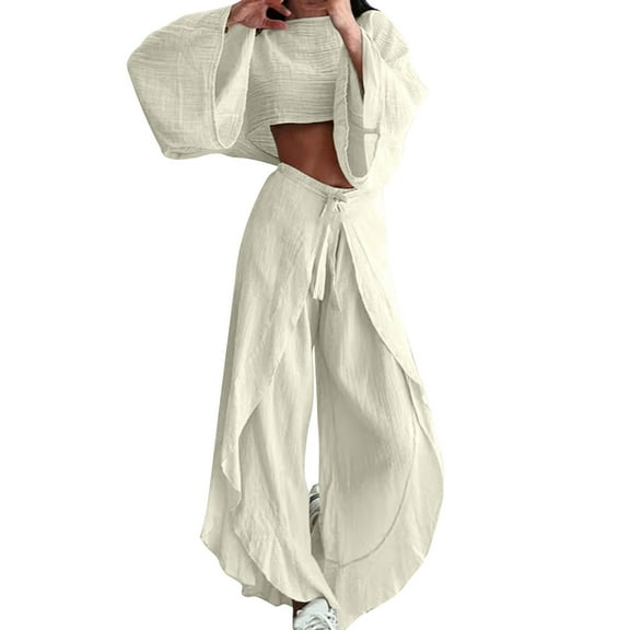 Womens Casual Two Piece Outfits Cotton Linen Sets Women's Solid Color Casual Vacation Short Top and Elastic Waist Strap Pants Set Suit Travel Outfits for Women Beige L