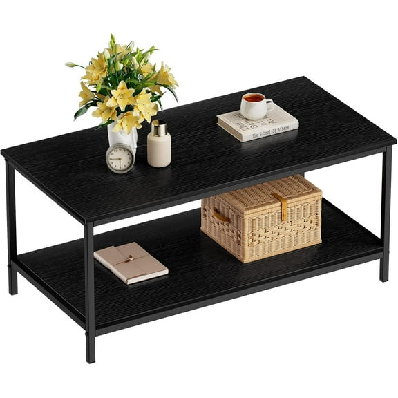 Black Coffee Table for Living Room Modern Rectangle 2-Tier Coffee Tables with Storage Industrial Wood Center Table Black