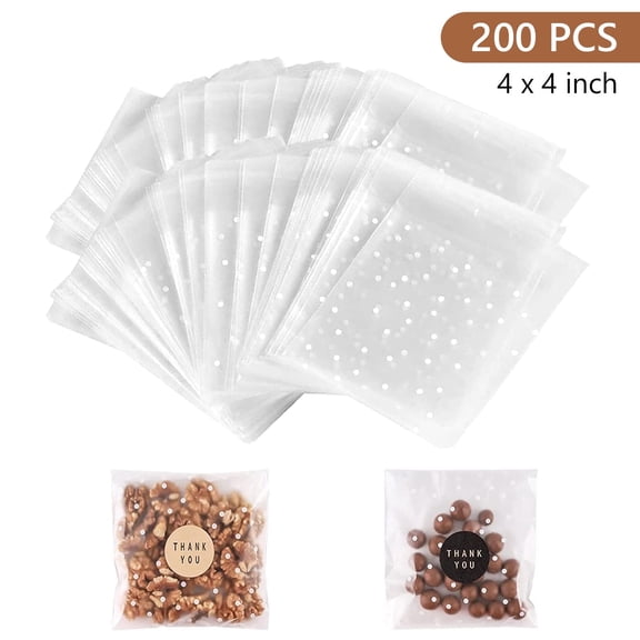 Tripumer 200 Pcs Self Adhesive Candy Cookie Bags with Dot 4 x 4 inch Resealable Cellophane Bags for Party Favors Gift Giving Pie Candies Cookies