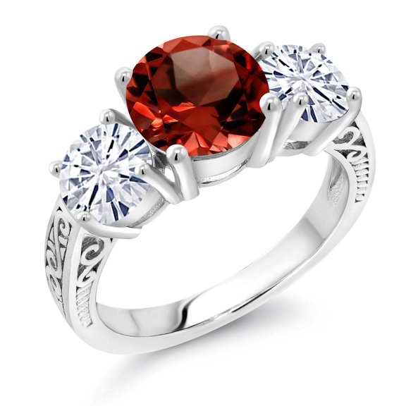 Gem Stone King 925 Sterling Silver Red Garnet and White Moissanite Engagement Ring for Women | 4.10 Cttw | Round 8MM | Gemstone January Birthstone | Size 8
