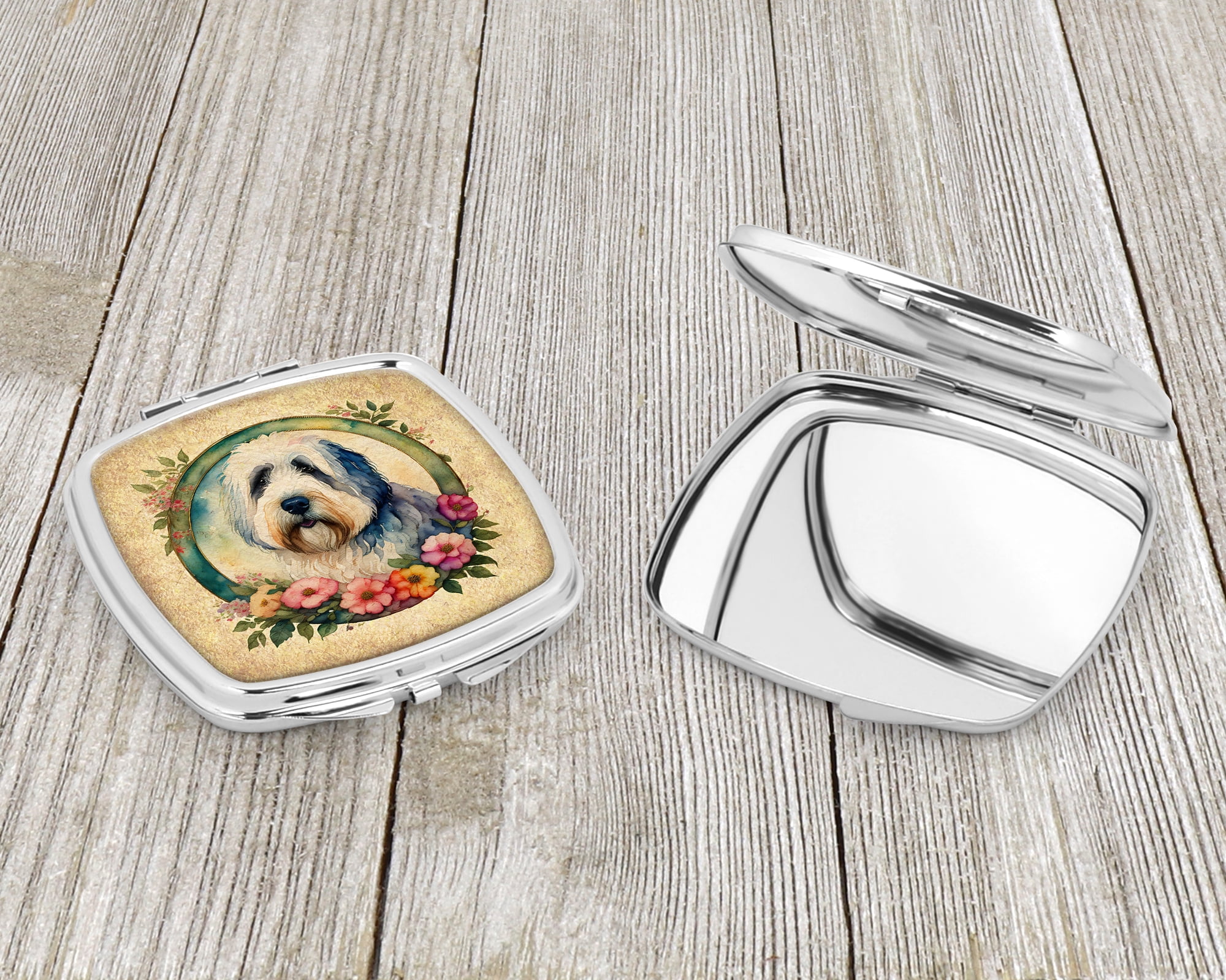 Old English Sheepdog and Flowers Compact Mirror 2.75 in x 3 in