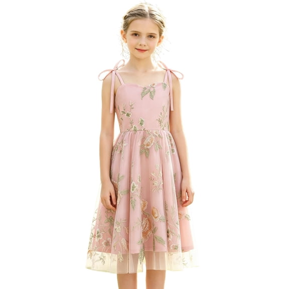 Girls Floral Embroidery Tulle Party Dress, Kids Spaghetti Strap Bow Tie Sweetheart Princess Gown, A-Line Midi Formal Dress for Wedding Holiday Party(Pink,7-8 Years)
