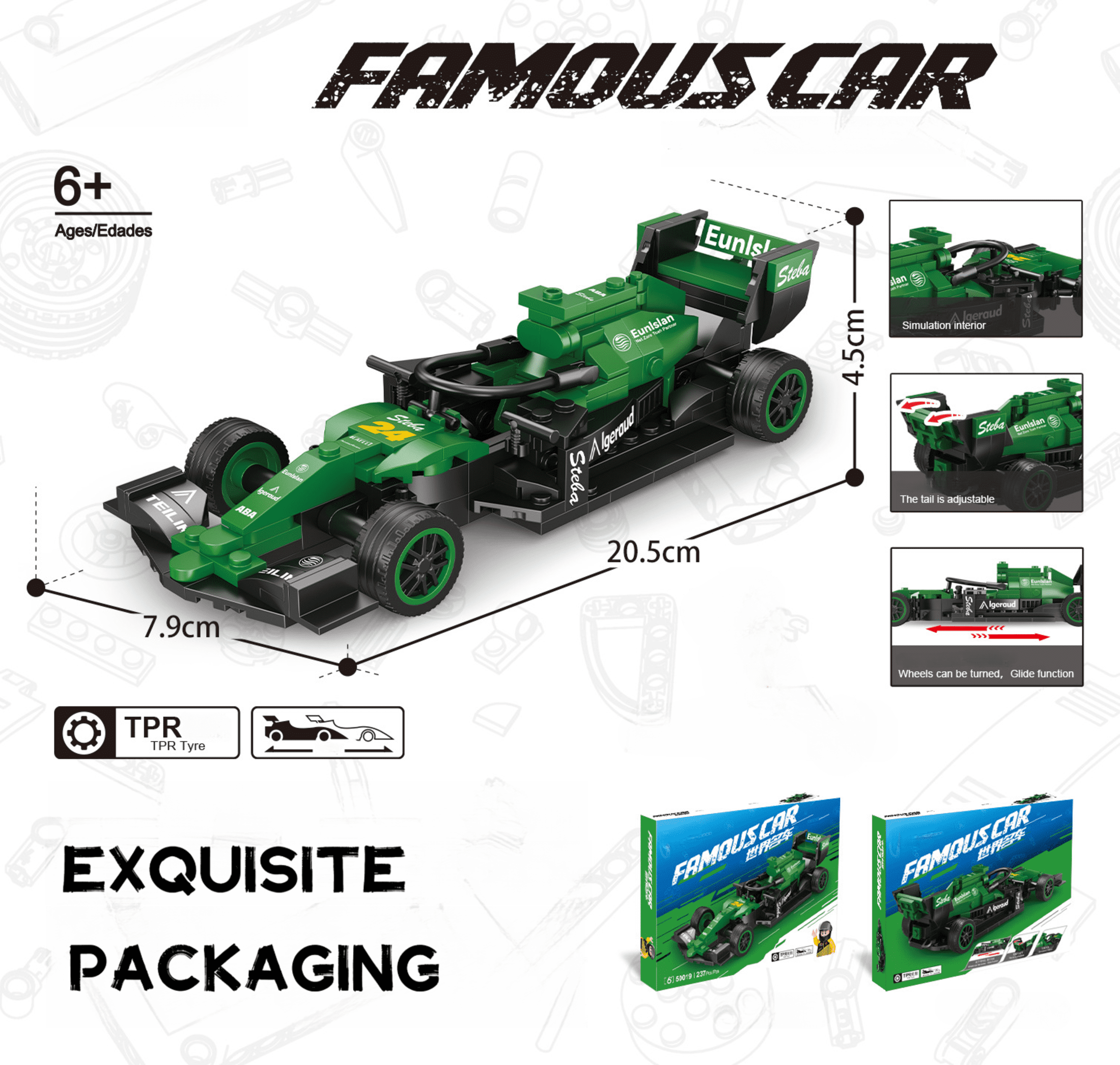 Funtogether Toys Famous Car Building Blocks Set (237 Pcs), Green F1 Racing Car Construction Toy with Driver Minifigure, STEM Educational Vehicle Model Kit for Kids Ages 6+