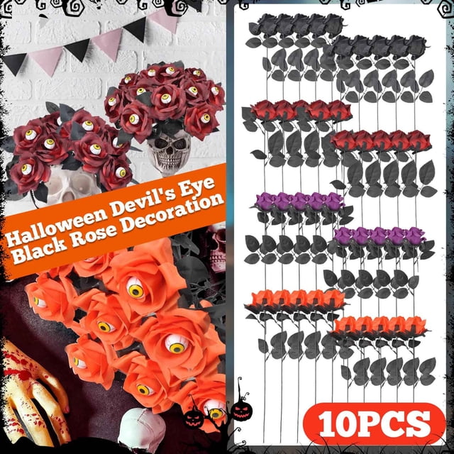 LINMOUA 10 PCS Artificial Flowers Black Roses, Fake Silk Flowers Long Stem Artificial Black Rose for Halloween Home Wedding Party Decorations (Purple)