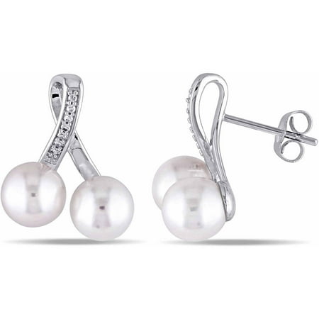 Miabella 7-7.5mm White Round Cultured Freshwater Pearl and Diamond-Accent 10kt White Gold Stud Earrings
