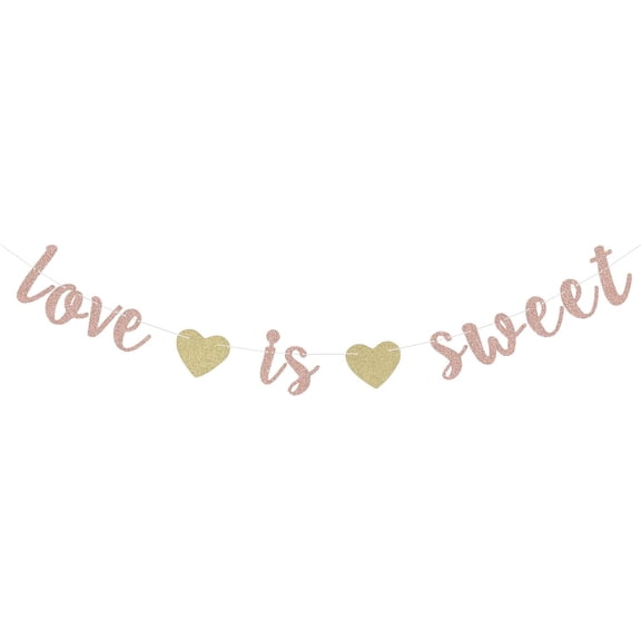 Rose Gold Love is Sweet Banner for Wedding Bridal Shower Engagement Party Sign Backdrops with Two Paper Hearts