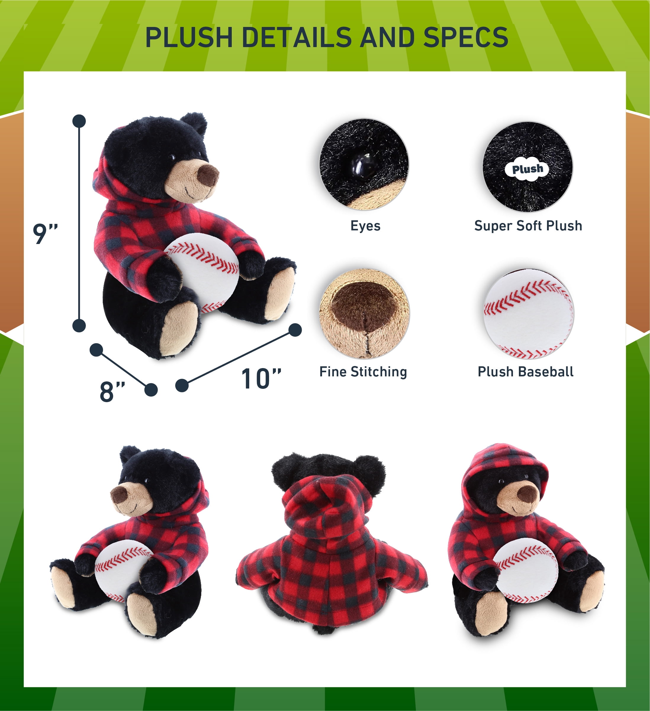 DolliBu Black Bear With Baseball Plush with Red Plaid Hoodie – Soft Huggable Bear, Playtime Teddy Bear Plush Toy, Cute Wildlife Gift, Baseball Plush Stuffed Animal Toy for Kids and Adults - 10 Inch
