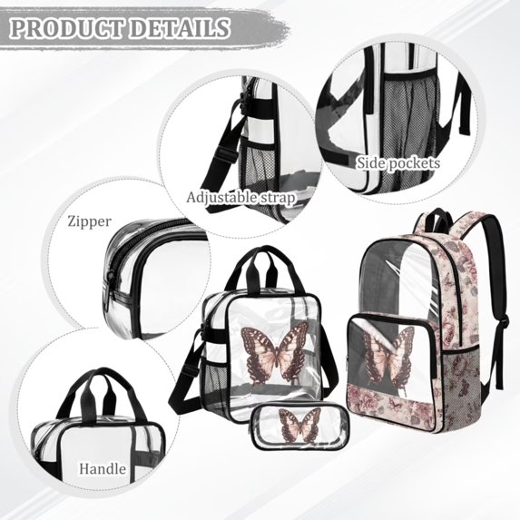 Xoenoiee Butterfly Rose Flower Print 3 Pieces Clear Backpack for School, Heavy Duty Transparent Bookbag for Girls See Through Backpacks with Lunch Box and Pencil Bag for Teen, Work, Travel, Festival
