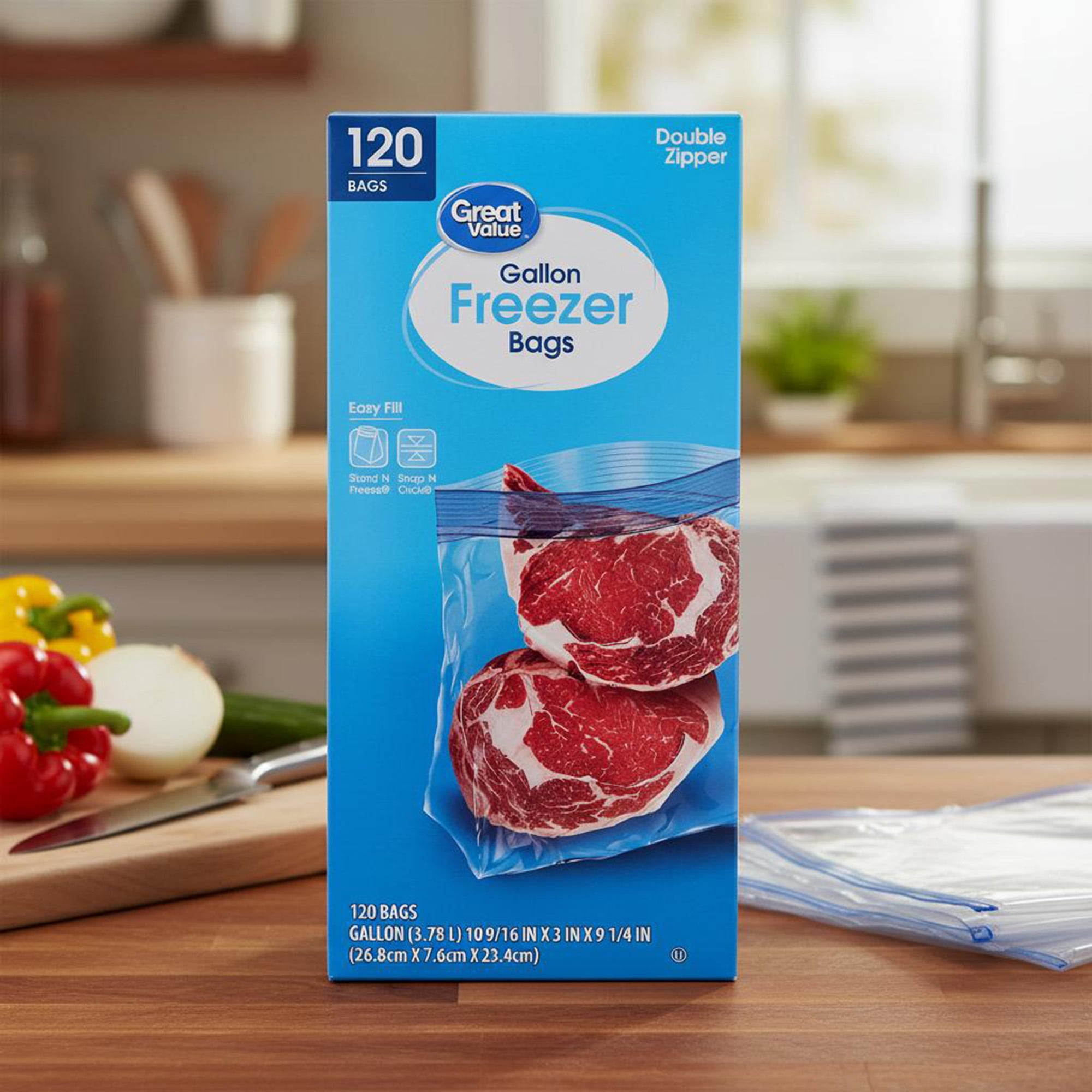 Great Value Gallon Freezer Bags with Double Zipper, 120 Count