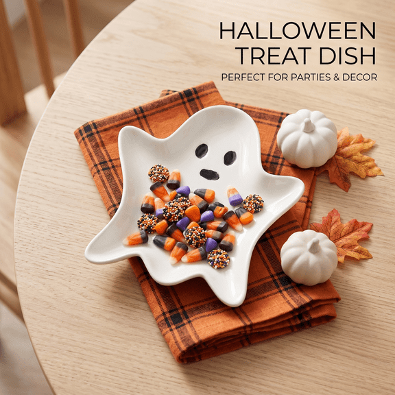 Yashow White Ghost Ceramic Serving Platter Cute Kawaii Tableware Decorative Snack Tray for Halloween Kids Party Dinner Table Fruit Candy Dessert Display, 1-Pack