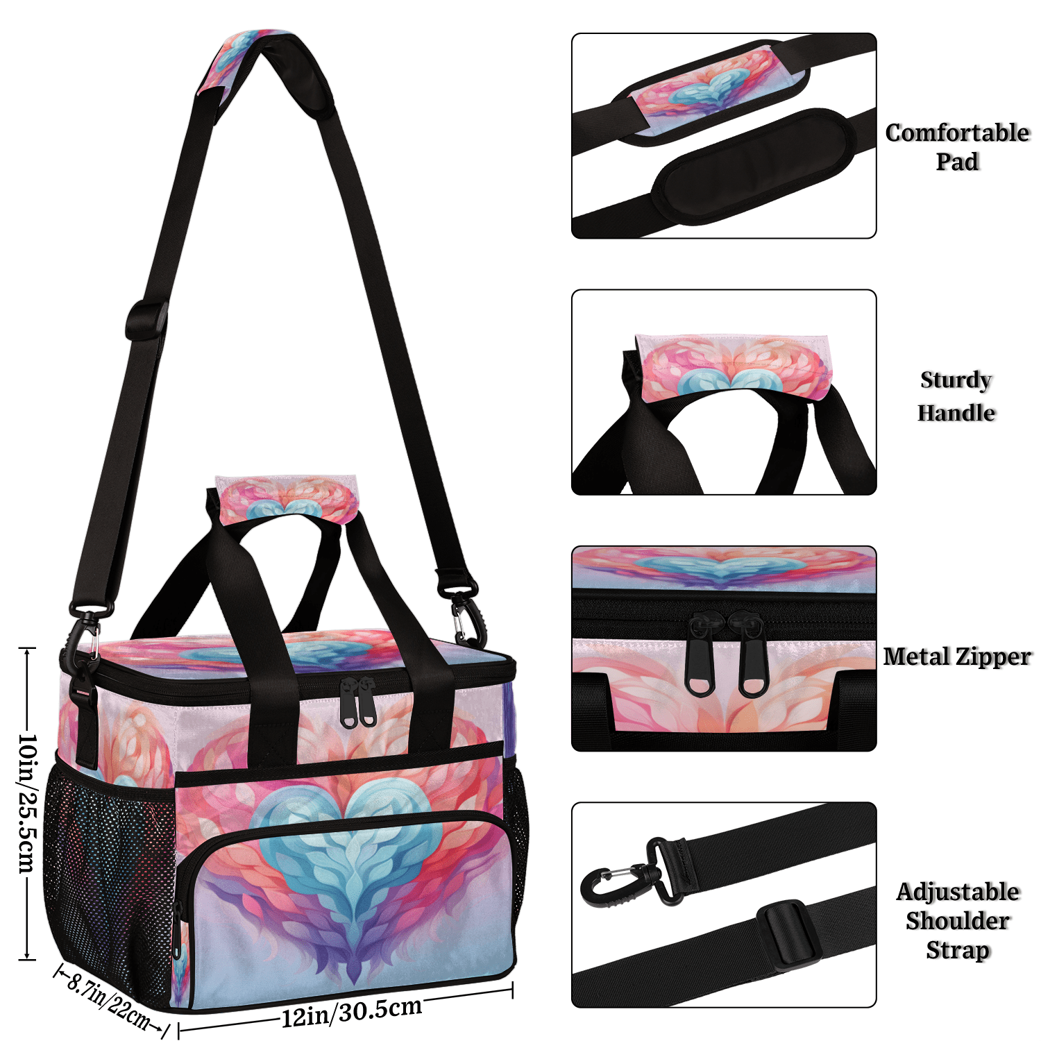 Herdesigns Heart Colorful Large Lunch Box for Adults Women Men with Adjustable Shoulder Strap, Insulated Reusable Lunch Bag Leakproof Cooler Tote Bag