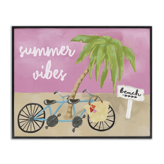 Stupell Industries Coastal Summer Vibes Bike Pink Green Beach Ocean Design Black Framed Giclee Art, 14 x 11, by Cindy Willingham