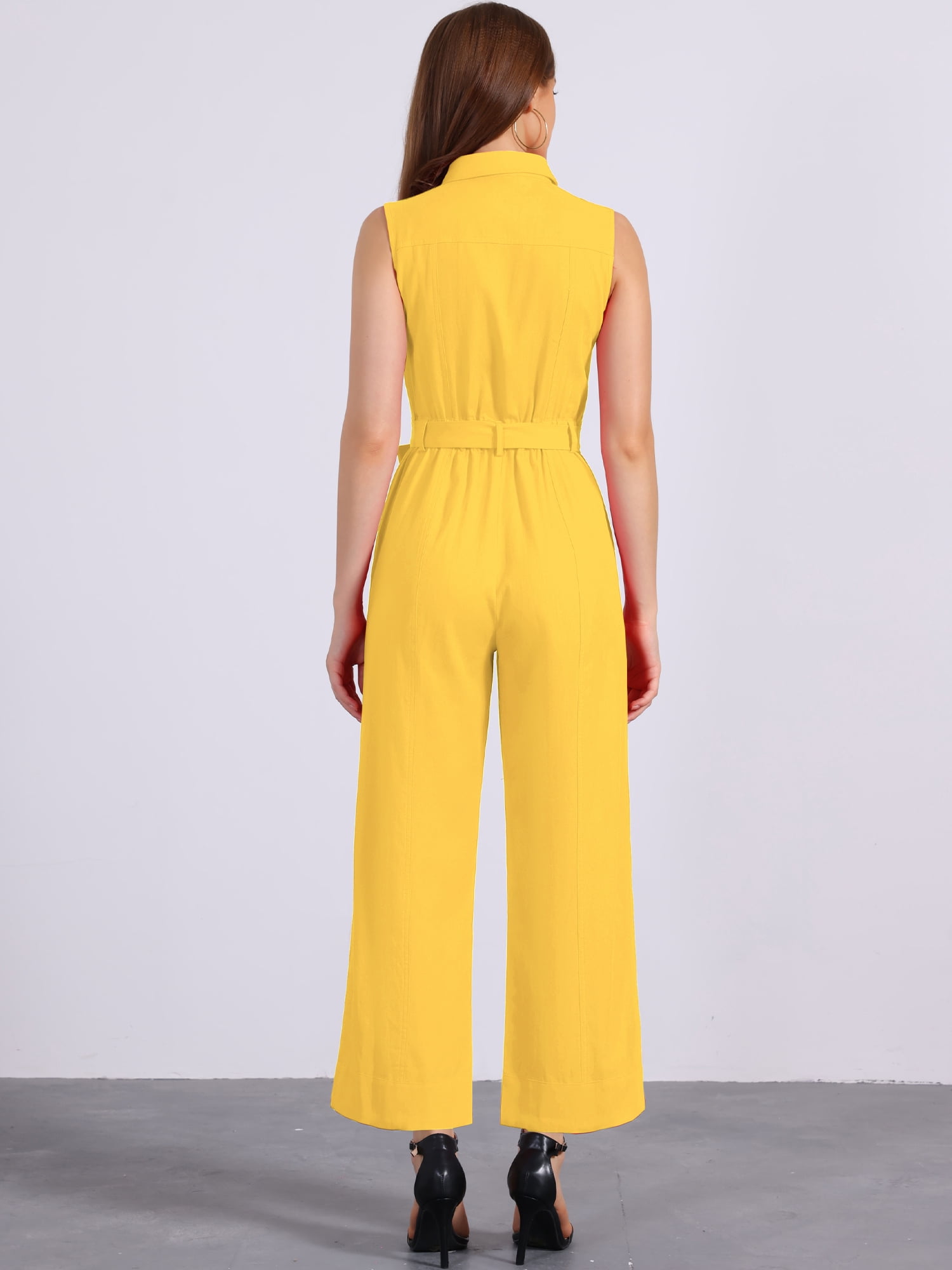 DARING DIVA Women's Wide Leg Jumpsuit Sleeveless Collared Tie Waist Coverall XL Golden