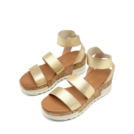 

DREAM PAIRS Women s Open Toe Ankle Strap Casual Flatform Platform Sandals GOLD size 9