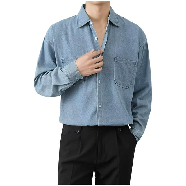 pstuiky camisas de manga larga para hombre, Camisa vaquera de color liso con cuello abatible para hombre, abrigo holgado y fácil de llevar para jóvenes. top de hombre xl