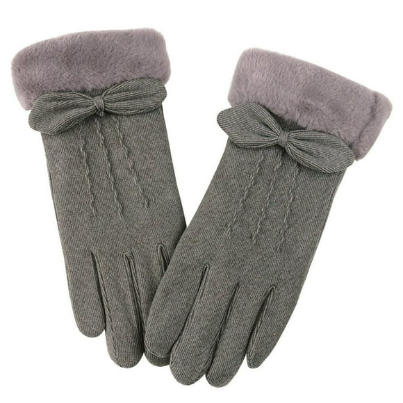 1 Pair Women Gloves Full Finger Touchscreen Plush Lining Windproof Bowknot Decor Keep Warm Thickened Winter Outdoor Cycling Girls Gloves for Riding