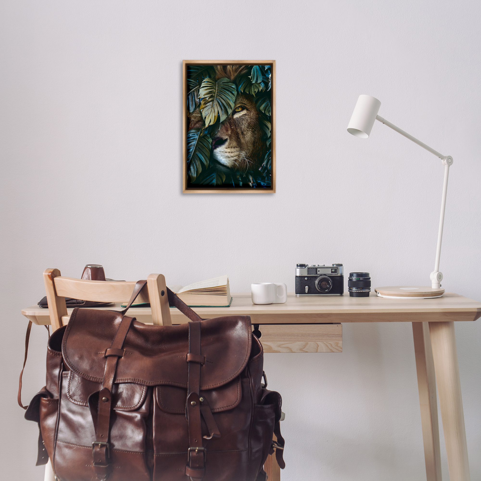 Stupell Industries Lion Peering Monstera Leaves Plants & Flowers Painting Brown Floater Framed Canvas Art Print Wall Art, 17 x 25