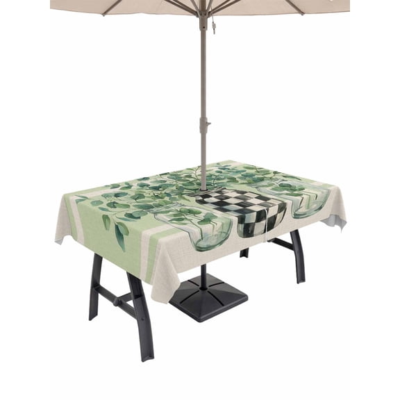 Outdoor Tablecloth with Umbrella Hole for Patio/Picnic/Party/Camping, Eucalyptus Leaves Waterproof Table Cloth Rectangle Table Cover Washable, Sage Green Botanical Rustic (60"x 120")