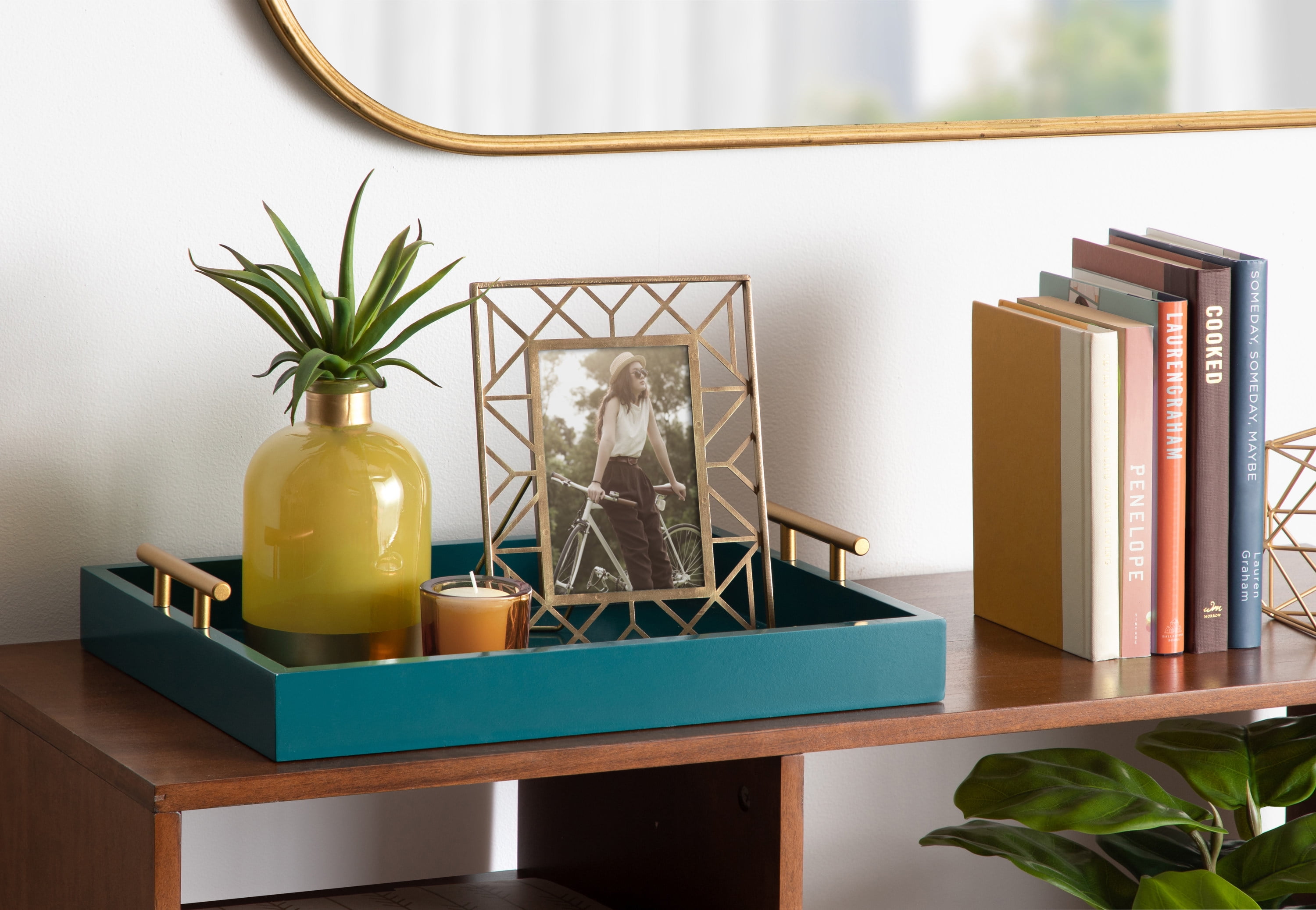 Kate and Laurel Lipton Mid Century Modern Decorative Wood Tray with Brushed Gold Metal Handles, Dark Teal